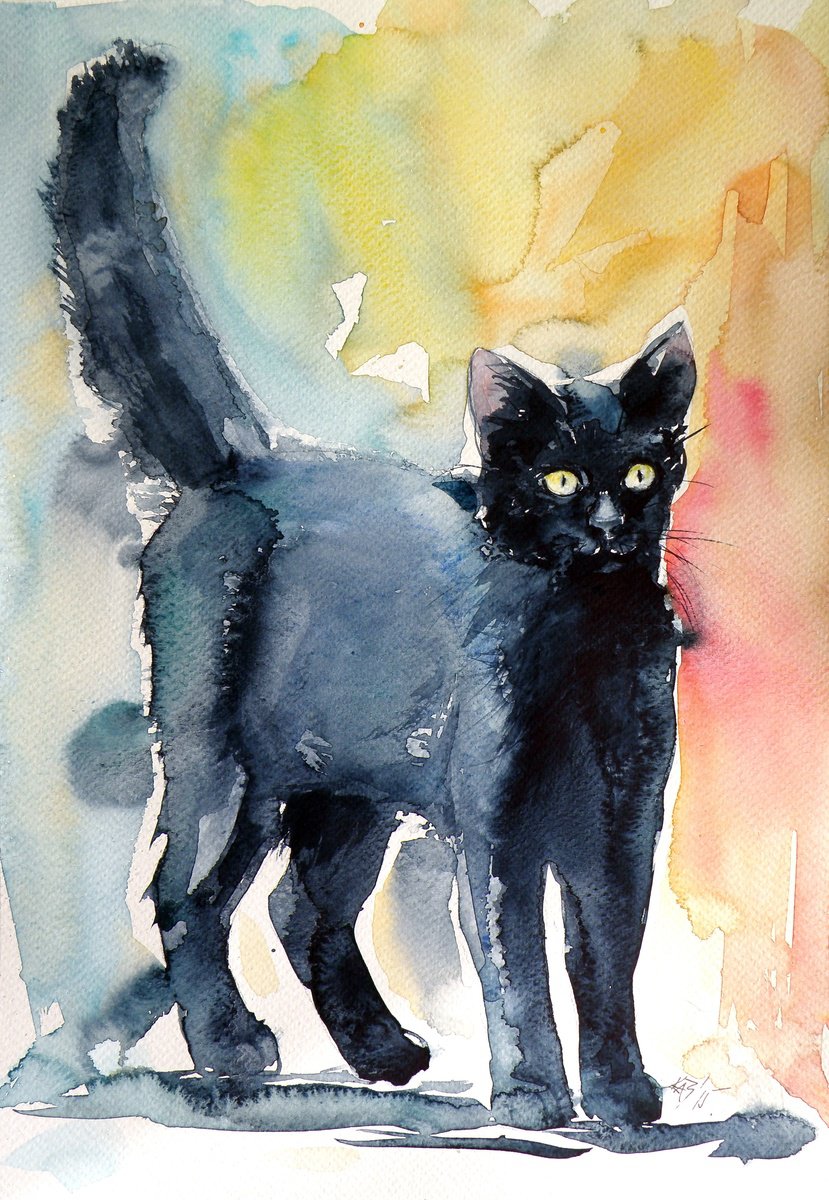 Impressionistic Watercolour , Black Cat Iii By Kovacs Anna Brigitta, 10 X 15, Artwork For Sale On Artfinder