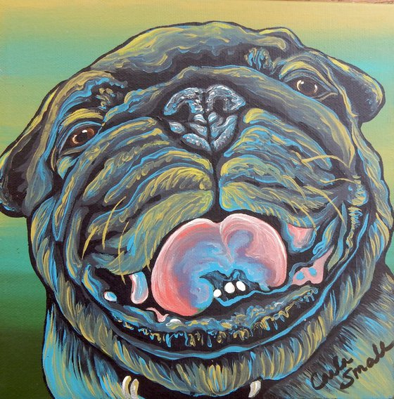 Rainbow Pug Dog Original Art Painting-8 x 8 Inches Deep Set Stretched Canvas-Carla Smale