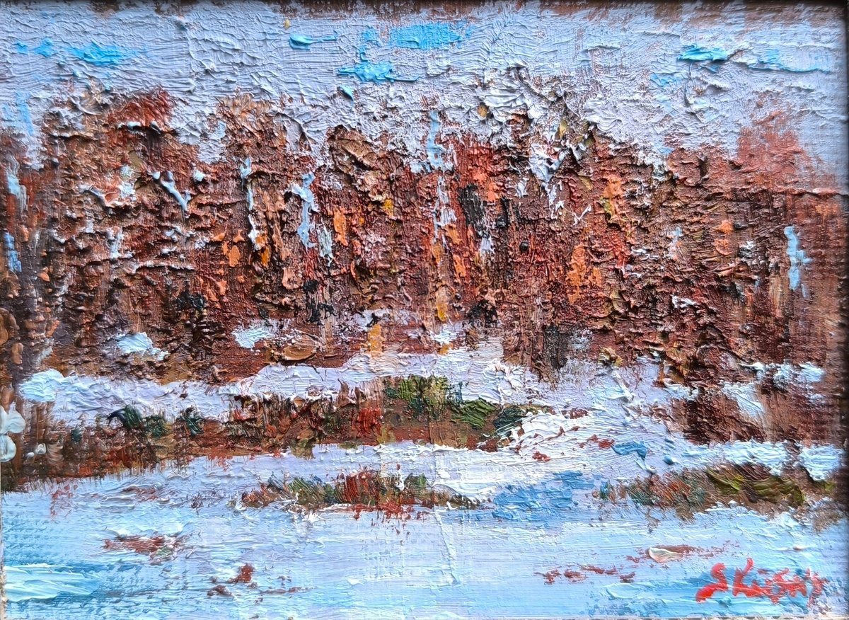 Abstract Landscape Oil Painting By Svetlana Grishkovec-Kiisky, 7 X 6", Winter, Original Artwork