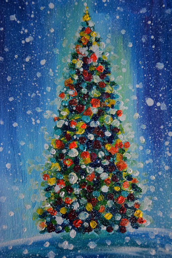 Christmas tree original acrylic painting, New Year pine tree picture, winter snow landscape