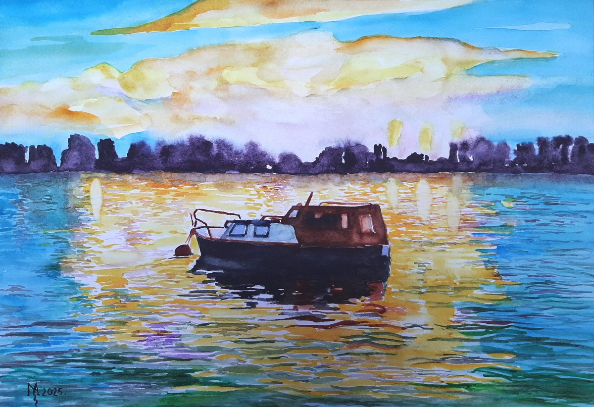 Impressionistic Watercolour , Boat On The River Ii By Zoran Mihajlovic Muza, 16 X 11, Artwork For Sale On Artfinder