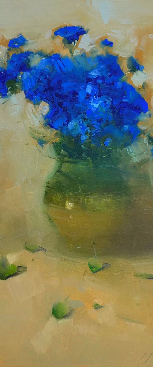 Vase of Blue Flowers, Oil painting, One of a kind, Handmade artwork by Vahe Yeremyan
