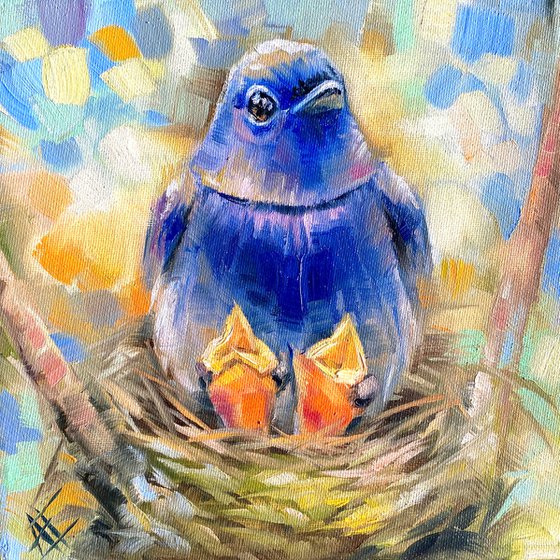 Small blue bird on nest with yellow nestlings. Original oil painting, small and square. Perfect for a gift. Pocket birds painting. Made with love