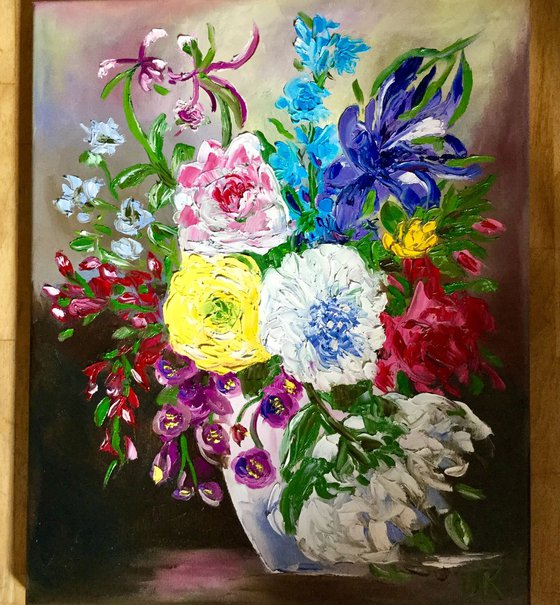 BOUQUET OF FLOWERS... palette knife modern blue red pink white still life  flowers peonies irises roses Dutch style office home decor gift