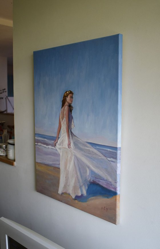 Sea Breeze-Impressionist beach figure oil painting. 50x70cm.