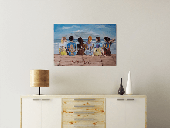 Pink Floyd. Oil painting with famous band.Women,girls.See,mountains and landscape. Sex girls