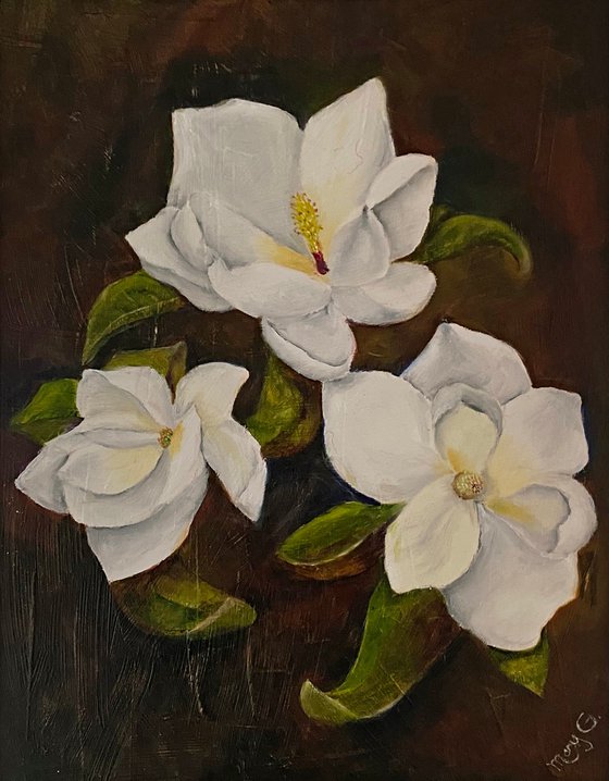 Gorgeous Magnolias Flower Original Oil Painting in silver frame