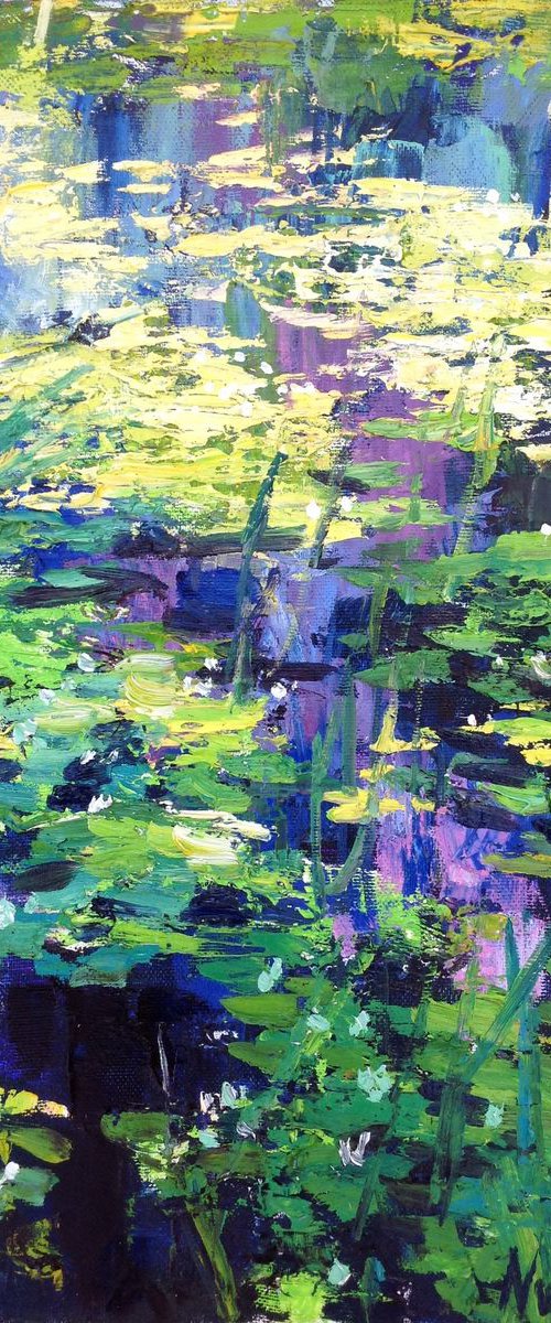 Abstract water lilies pond violet clouds oil painting landscape river sunlight by Nataliia Nosyk