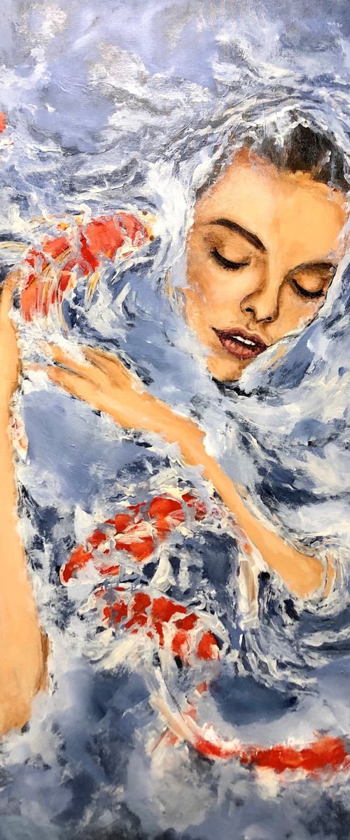 Playing with Koi fish by Miri Baruch
