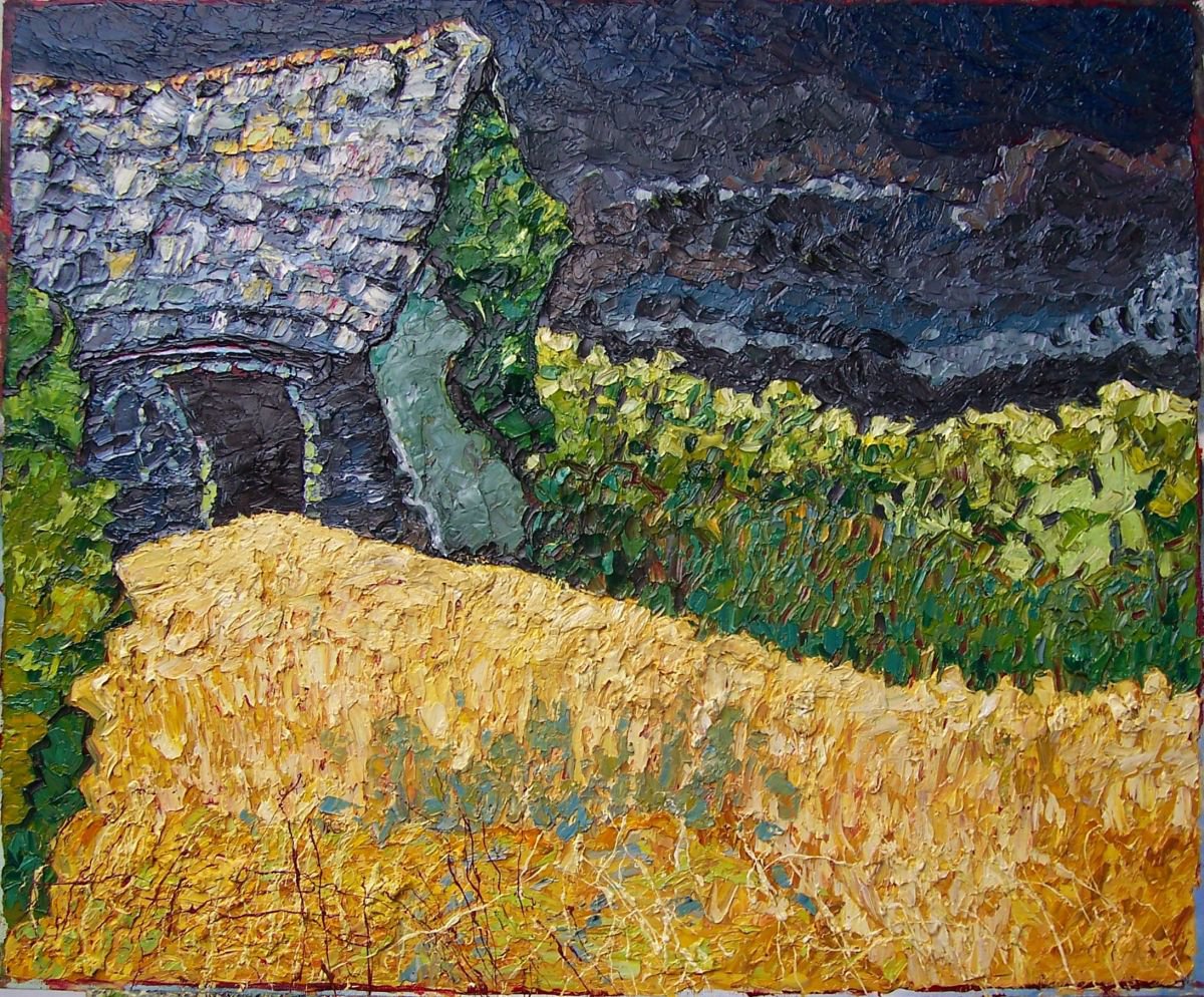 Expressive Landscape Oil Painting By Richard Meyer, 24 X 20", Barn In A Landscape #6, Under Stormy Sky, Original Artwork