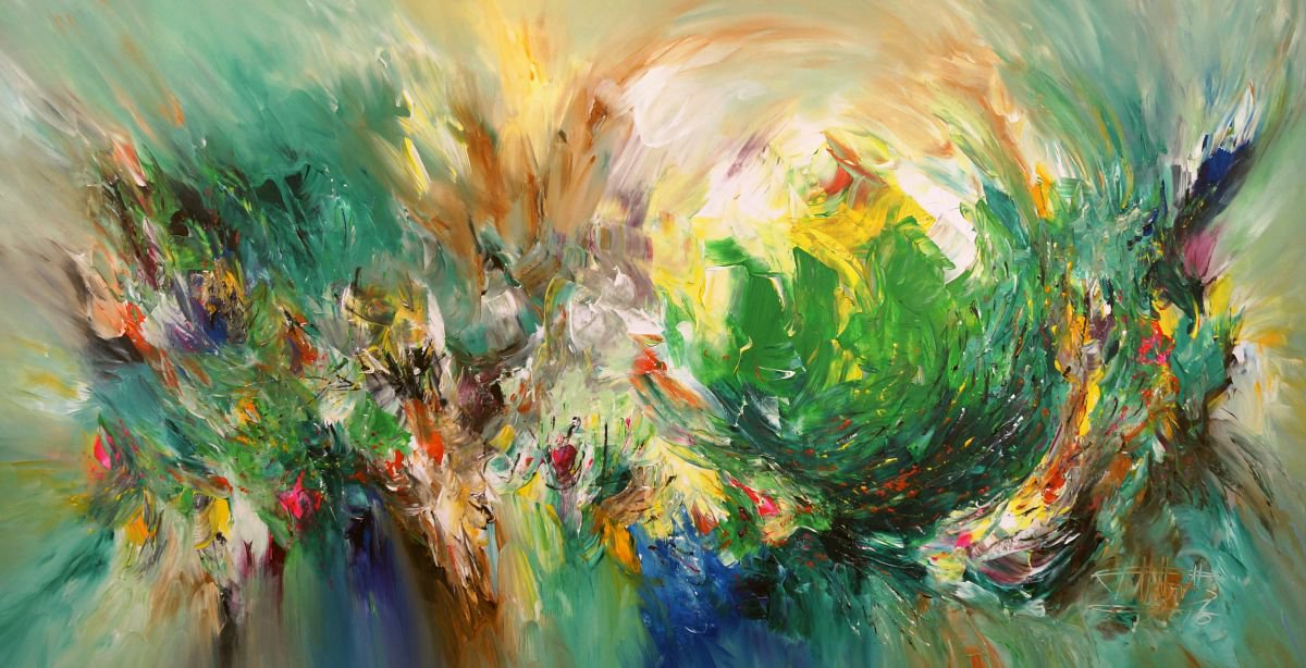 Abstract Acrylic Painting By Peter Nottrott, 61 X 32", Green Inspirations C 1, Original Artwork