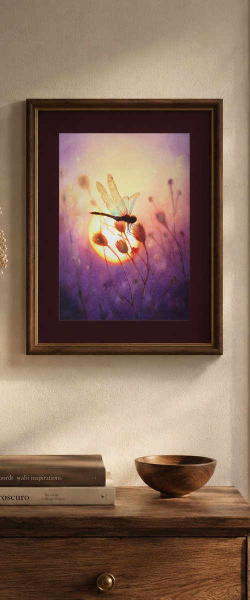 Dragonfly on the sunset by Olga Beliaeva Watercolour