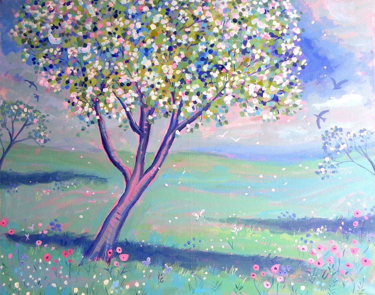 Impressionistic Landscape Acrylic Painting By Mary Stubberfield, 20 X 16", Blossom Tree, Original Artwork