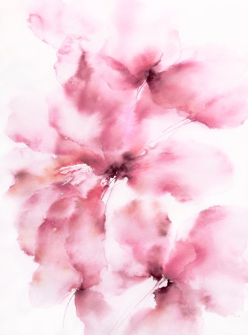 Pink abstract floral painting by Olga Grigo