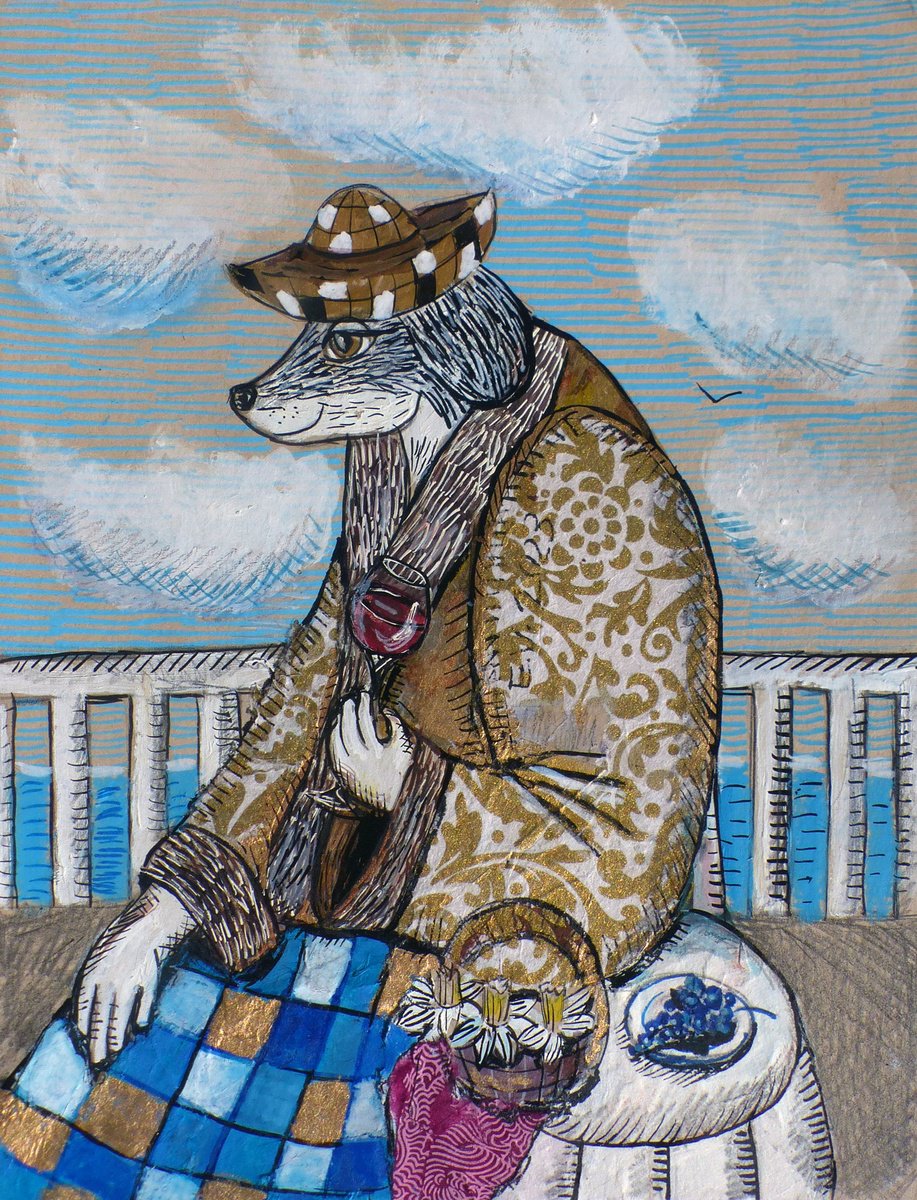 Naive Animal Painting By Elizabeth Vlasova, 9 X 12, Lady At Sea, Original Artwork
