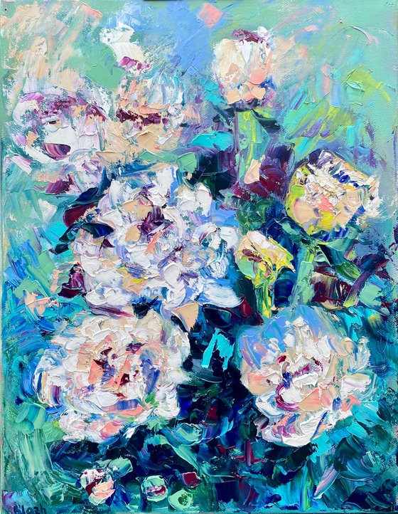 Peony - A summer joy, 35*45cm, impressionistic flowers oil painting in white and turquoise