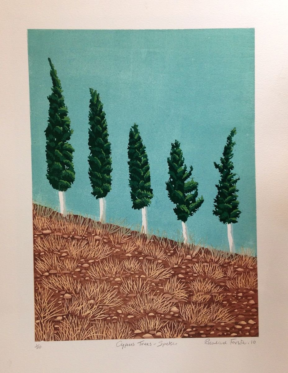 Landscape Linocut By Rosalind Forster, 11 X 15", Cyprus Trees, Original Artwork