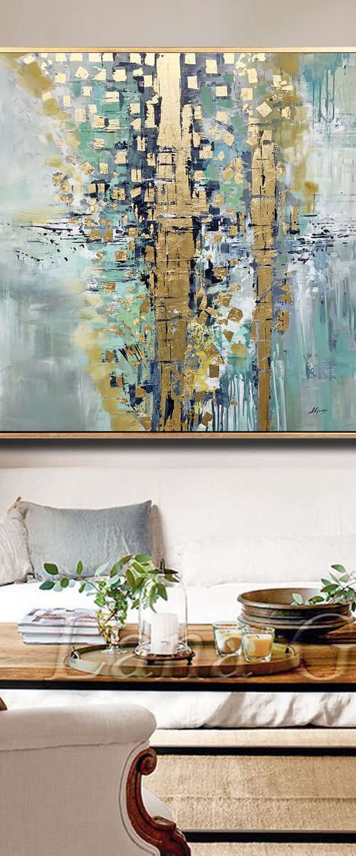 Cascade - Abstract Painting Large Canvas, Gold Leaf, Minimalist Painting, Green Aqua Abstract Painting by Lana Guise by Lana Guise