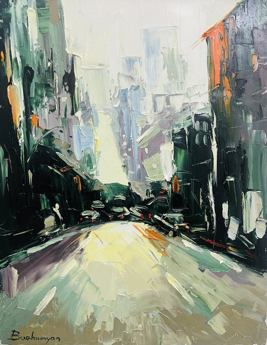 Impressionistic Cityscapes Oil Painting By Vahe Bagumyan, 16 X 20", Metropolitan Pulse, Original Artwork