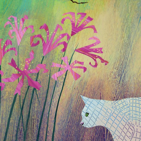 White Cat with Pink Nerines