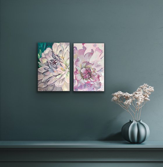 Set of 2 Purple chrysanthemum and Peony Painting Flowers Original Art Oil Painting