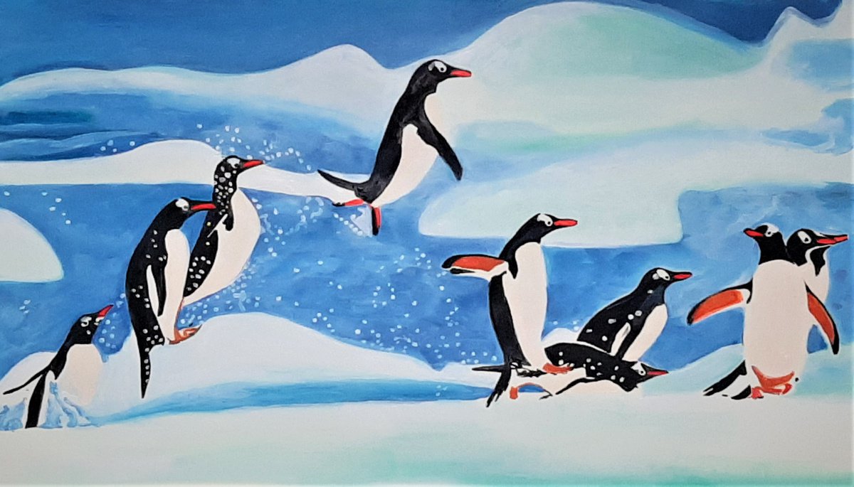 Naive Animal Acrylic Painting By Alexandra Djokic, 39 X 22, Penguins, Original Artwork
