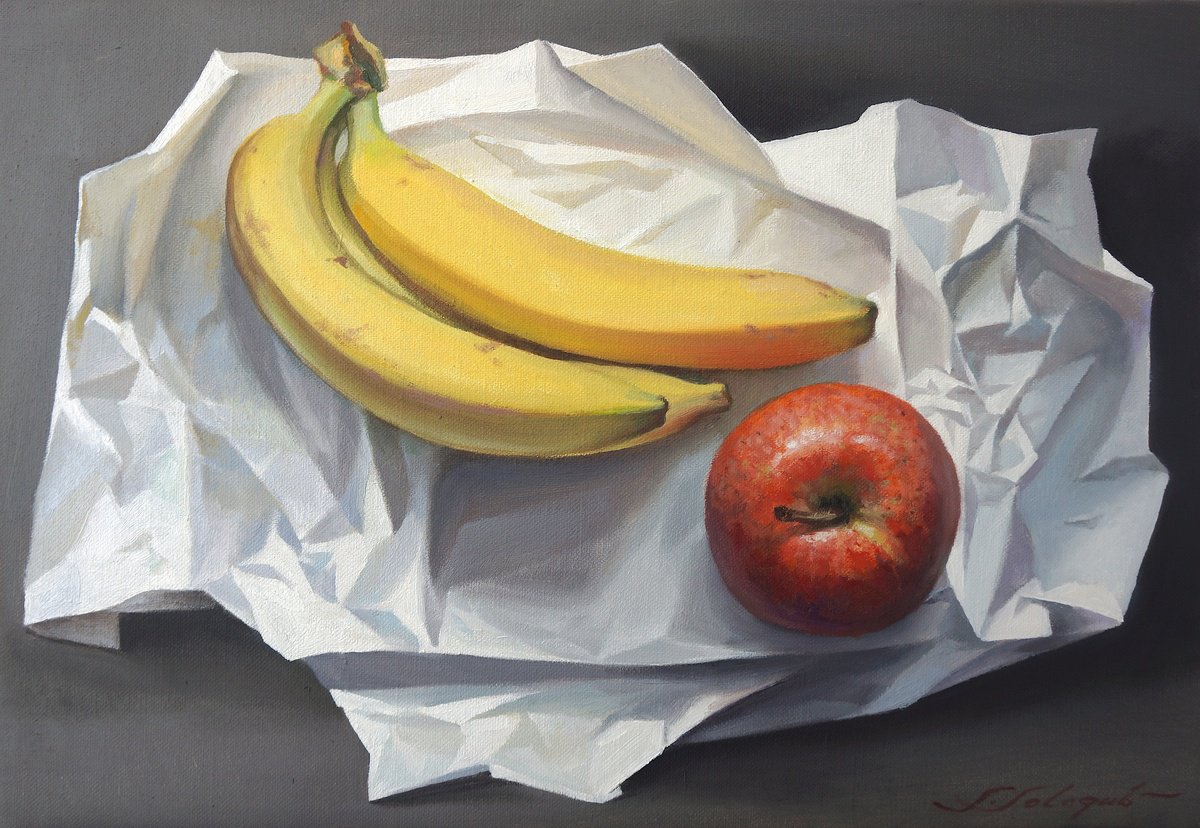 Photorealistic Still Life Oil Painting By Sergej Sologub, 22 X 15", Still Life With Bananas, Original Artwork
