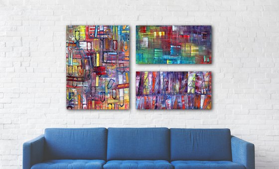 "It Will All Make Sense" - Original Xt Large PMS Abstract Triptych Oil Paintings On Canvas - 66" x 40"