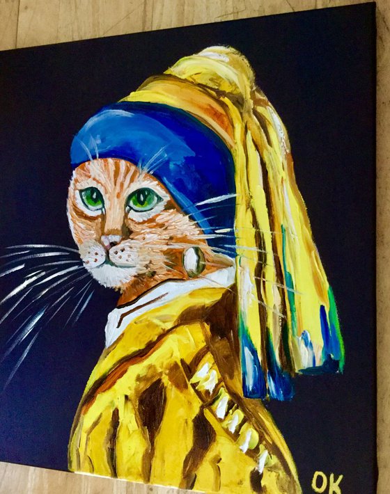 Cat with the pearl earring inspired by Vermeer painting modern home wall decor palette knife urban art feline art for cat lovers gift idea