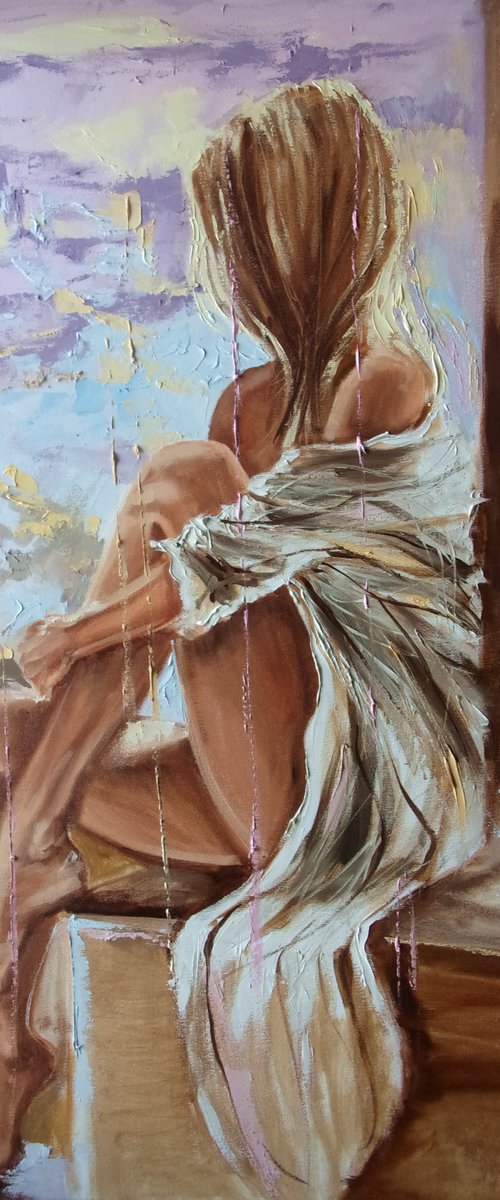 For P. " OVER THE ROOFS ... "-   liGHt  ORIGINAL OIL PAINTING, GIFT, PALETTE KNIFE nude WINDOW by Monika Luniak