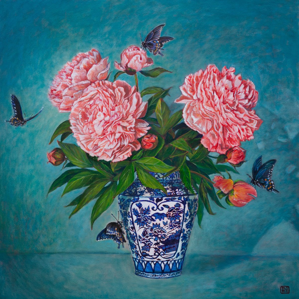 Peonies In A Delft Vase by Liudmila Pisliakova