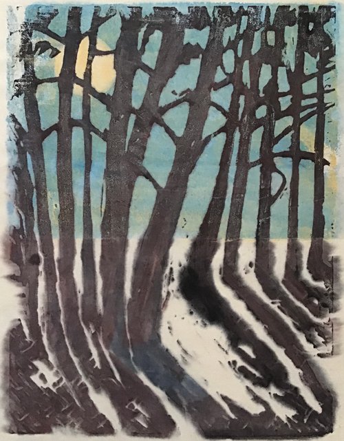 Winter Trees unique lino print by Sandra Haney