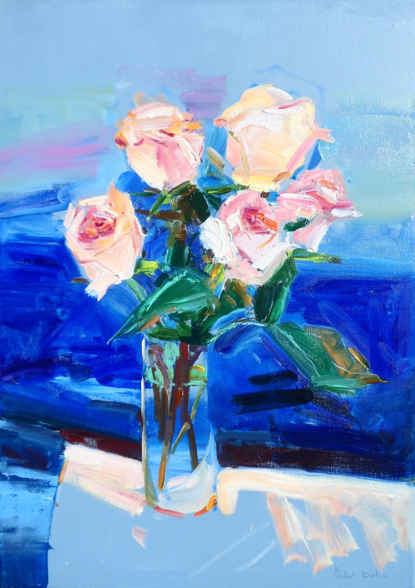 Impressionistic Botanical Oil Painting By Yehor Dulin, 20 X 28", " Roses On The Terrace", Original Artwork
