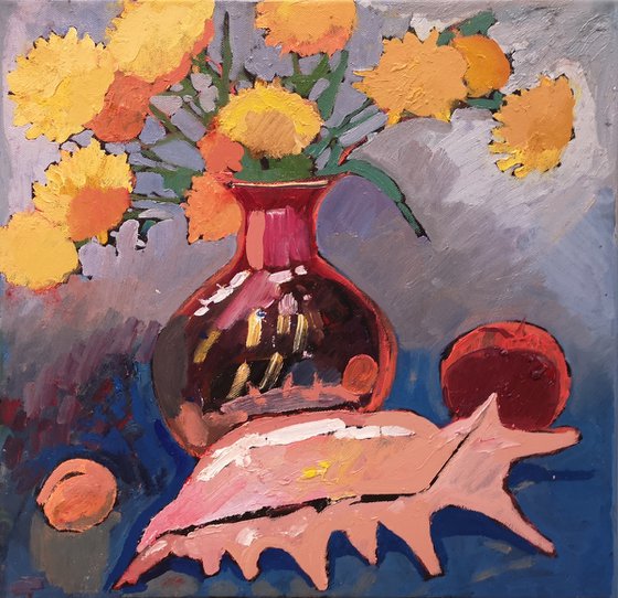 Painting. Still life with flowers and a seashell