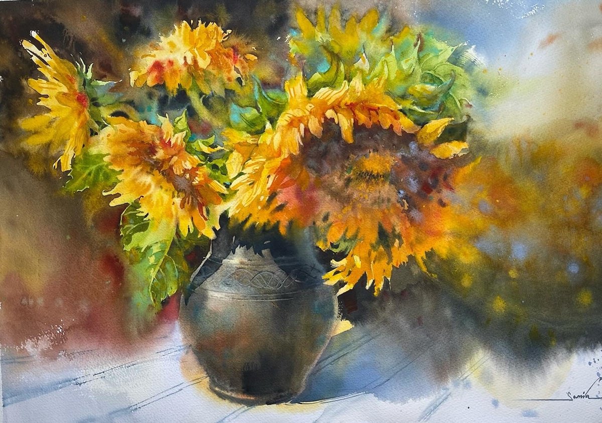 Expressive Botanical Watercolour By Samira Yanushkova, 22 X 15", Sunflowers In A Jug, Original Artwork