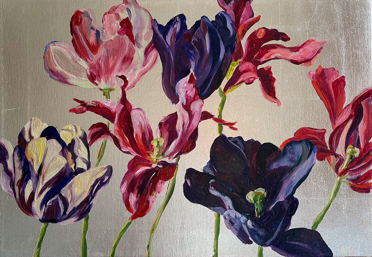Small oil painting Tulips on a silver background by Diana Timchenko