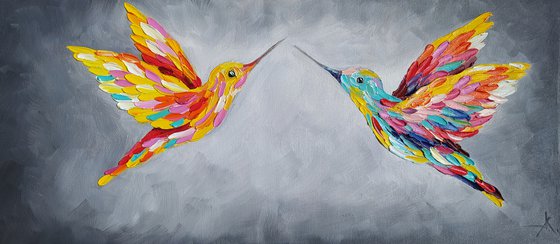 Towards each other - birds, love oil painting, birds oil painting, hummingbirds, love, animals oil painting, art bird, impressionism, palette knife, gift.