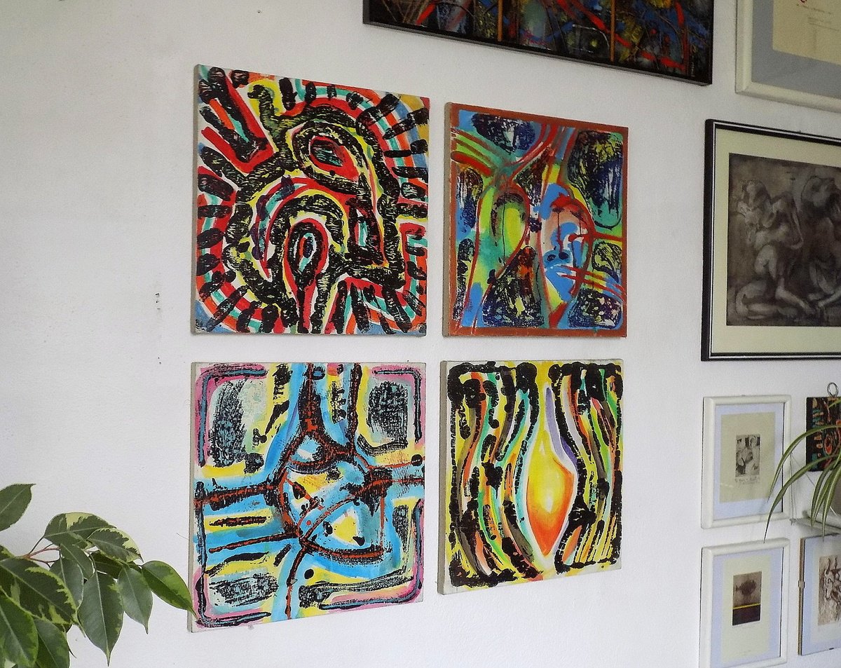 Abstract Acrylic Painting By Stanislav Bojankov, 35 X 35", Abstract (Four Hearts)-Iii, Original Artwork