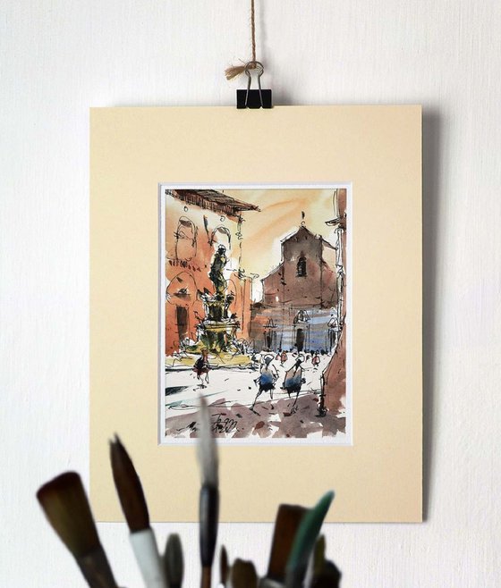 Original watercolor painting of Bologna city center.