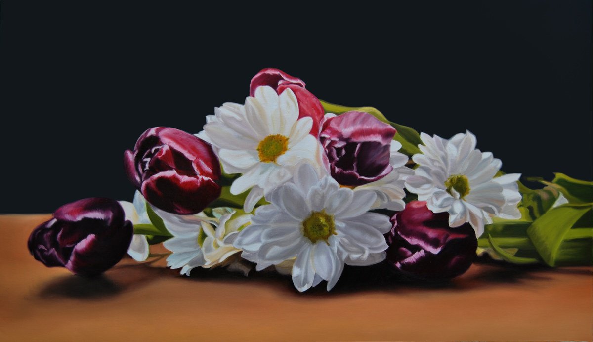 Photorealistic Oil Painting , Daisies And Tulips By Simona Tsvetkova, 28 X 16, Artwork For Sale On Artfinder