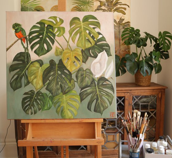 Monstera with Parrot
