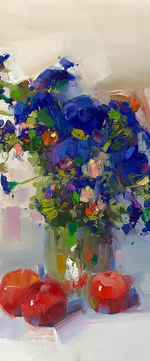 Vase of Blue Flowers, Oil painting, One of a kind, Signed, Handmade artwork by Vahe Yeremyan
