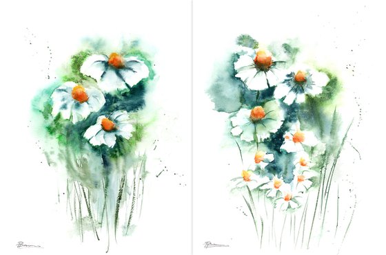 Set of 2 Daisies Flowers Paintings