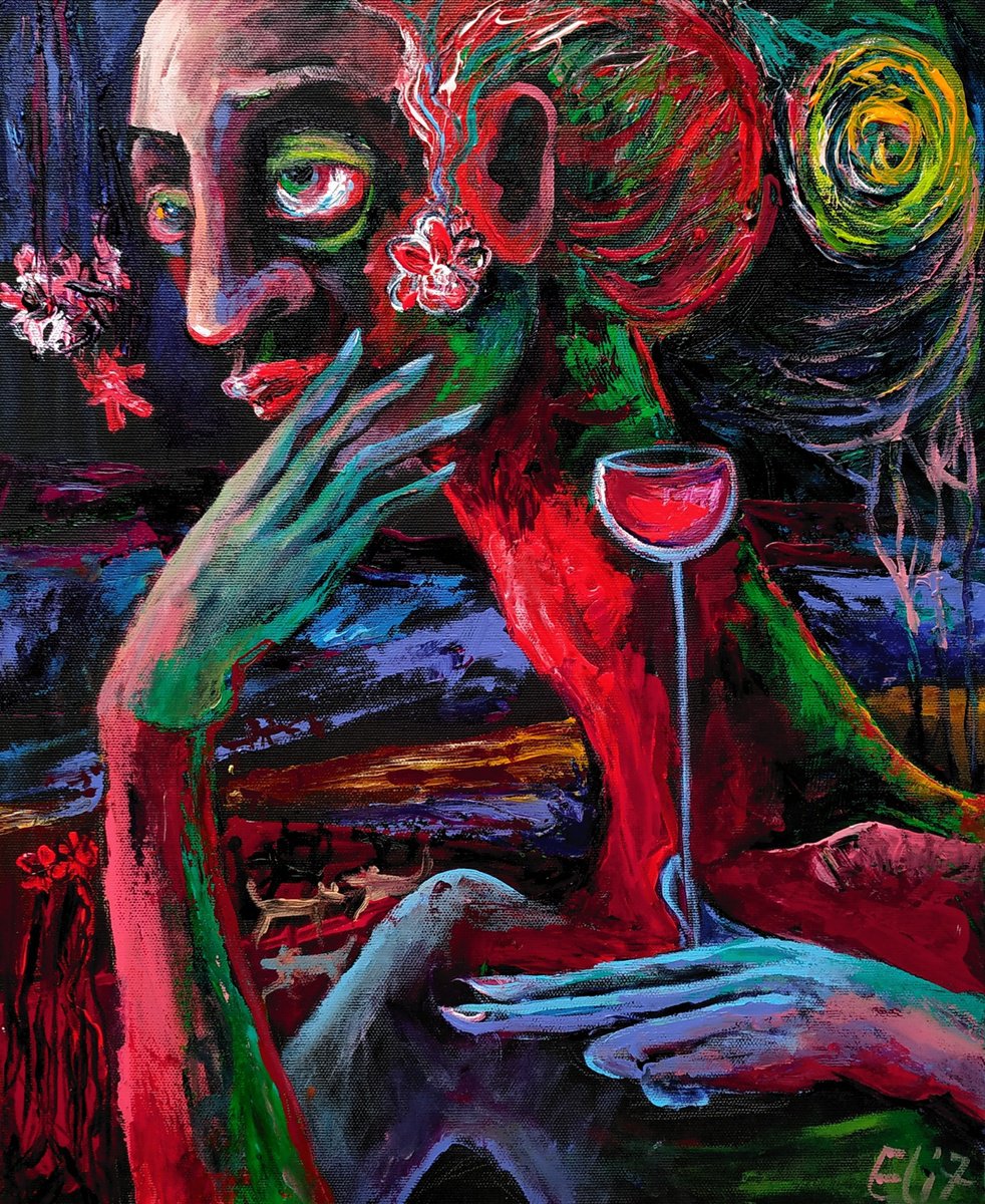 Expressive Portrait Acrylic Painting By Elisheva Nesis, 16 X 20, Vino Noir, Original Artwork