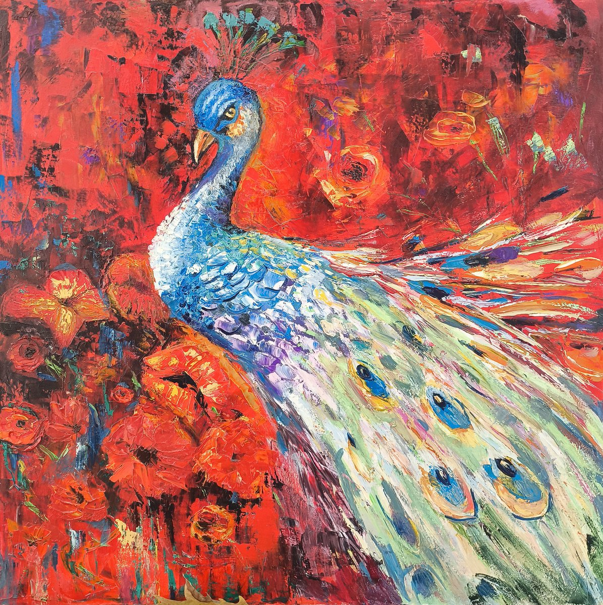Impressionistic Animal Oil Painting By Arto Mkrtchyan, 24 X 24, The Regal Peacock, Original Artwork