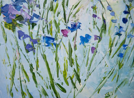 Blue wildflowers. Oil painting.