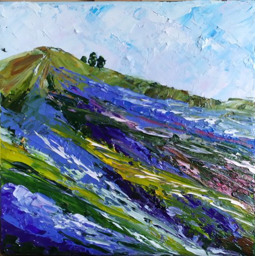 Lavender, small impasto oil painting, landscape art for home by Nataliia Plakhotnyk