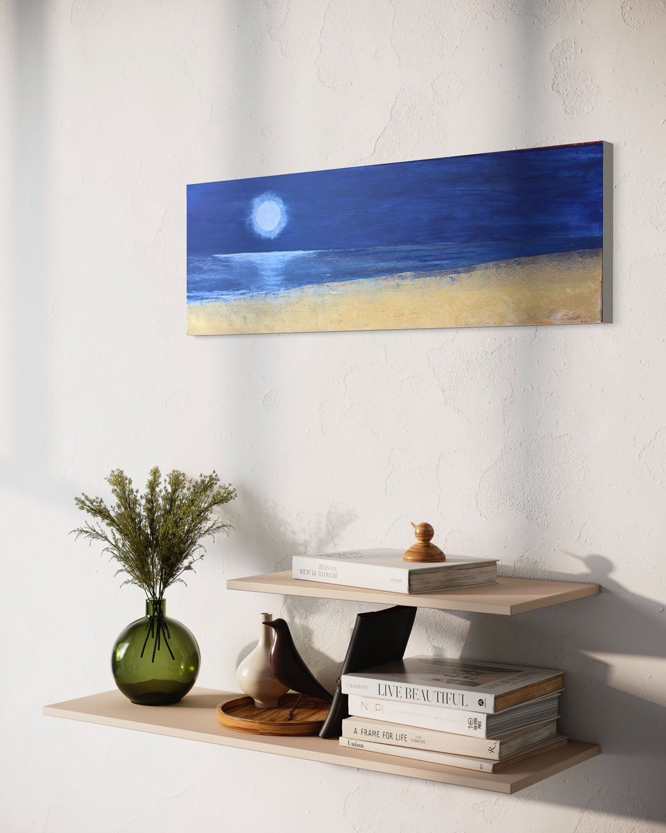 Impressionistic Landscape Acrylic Painting By Km Arts, 35 X 12", By The Light Of The Moon, Original Artwork