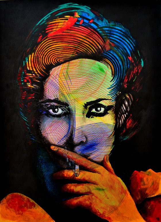 Smoking Girl - Vibrations Mixed Media Original Modern Portrait Art Painting