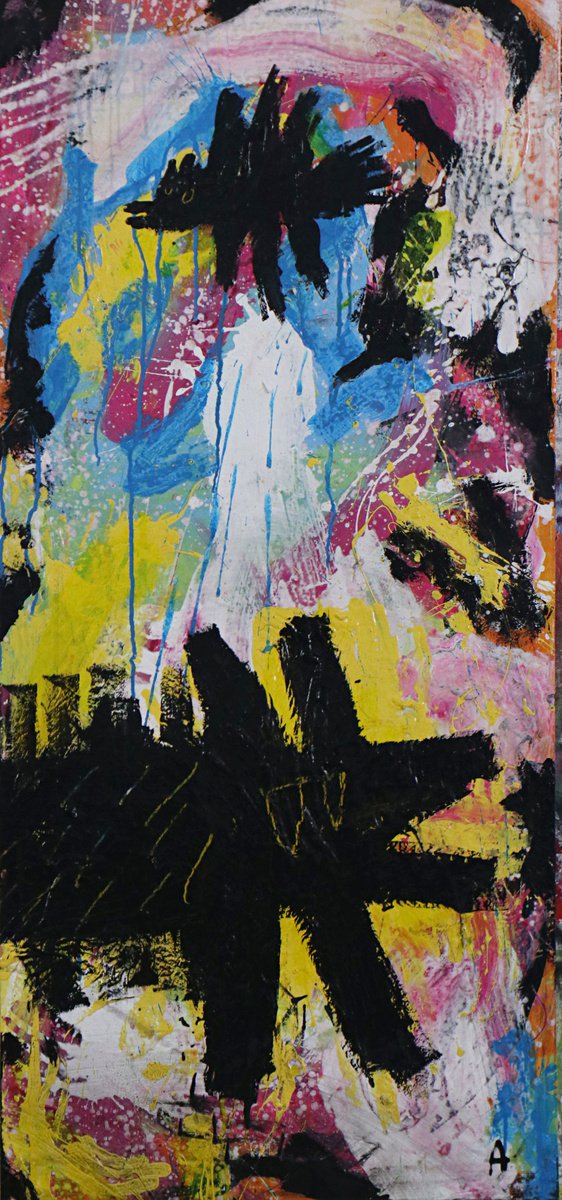 Expressive Animal Acrylic Painting By Angel Rivas, 24 X 51, Black Animals, Original Artwork